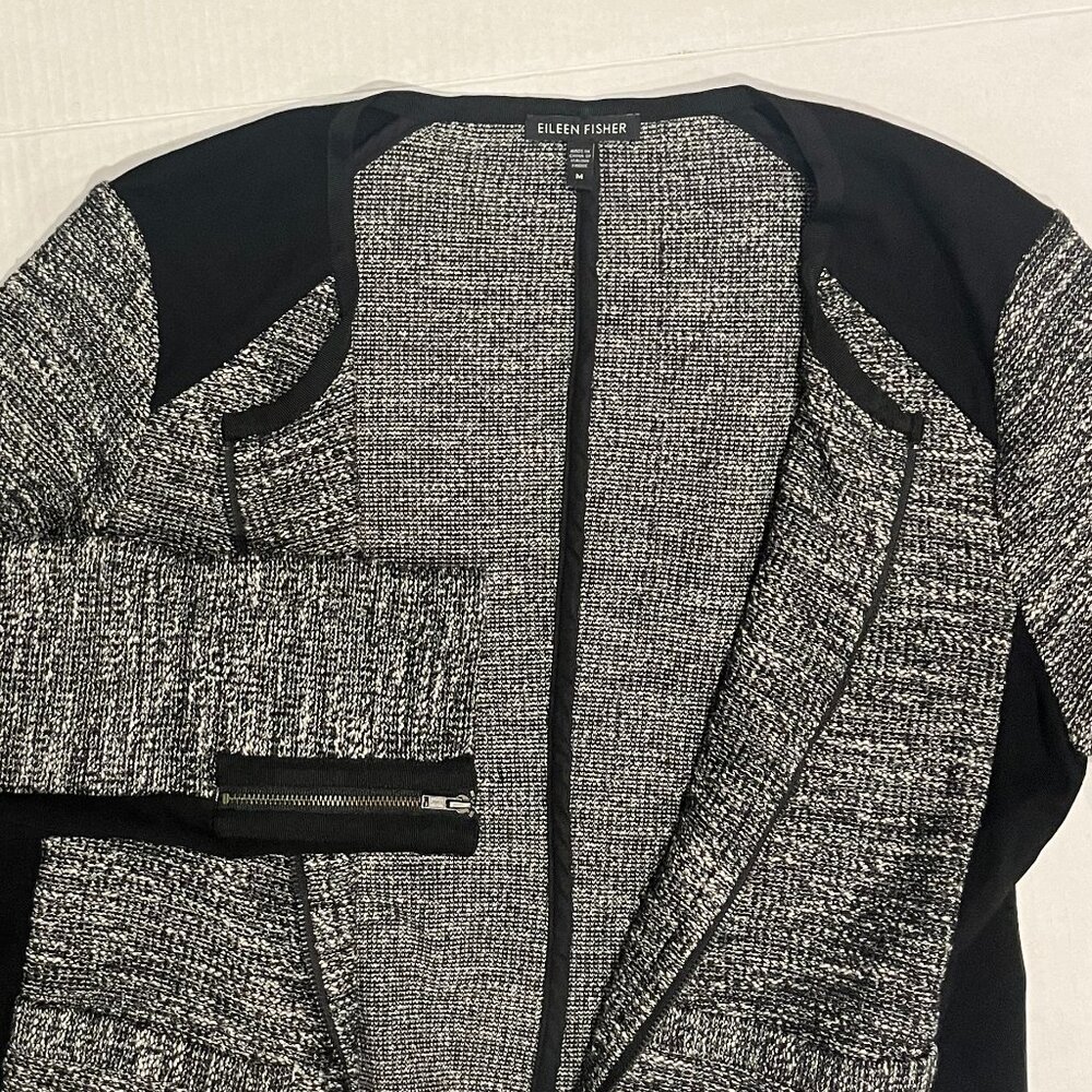 Eileen Fisher Women's Medium Black /White Knit Straight Long-Sleeve Jacket
